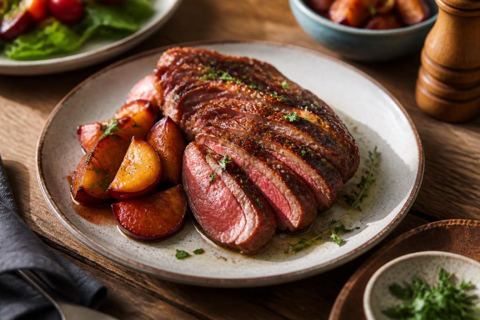 Magret de canard cuit à l'air fryer, tranché, avec une peau croustillante dorée et une chair rosée fondante, servi sur une planche en bois avec des herbes fraîches