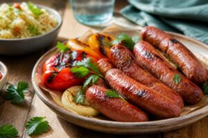 Merguez dorées et croustillantes dans le panier d'un air fryer, résultat après 12 minutes de cuisson à 180 °C