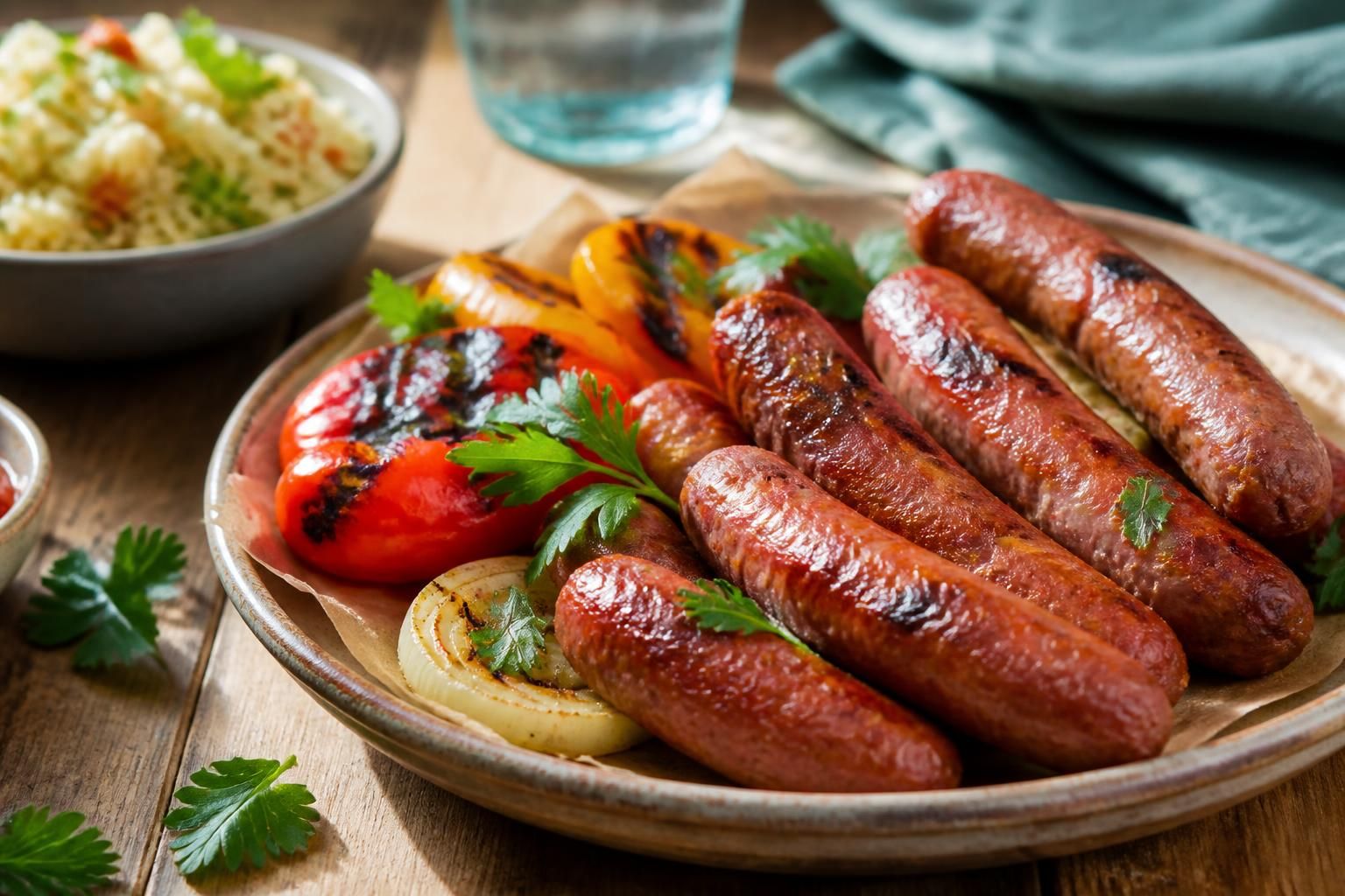 Merguez dorées et croustillantes dans le panier d'un air fryer, résultat après 12 minutes de cuisson à 180 °C