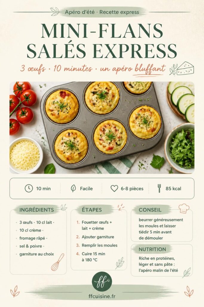 Mini-flans salés express sur plateau apéritif, garnis de fromage fondu et d'herbes fraîches