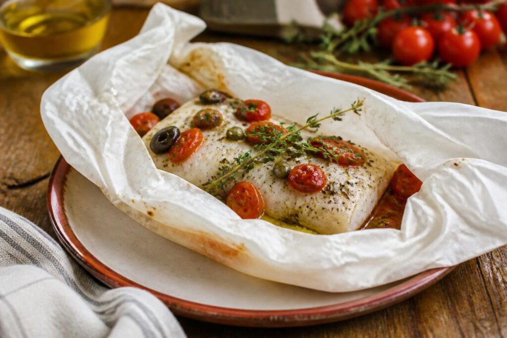 Papillote de poisson à l'italienne ouverte sur une assiette blanche, avec tomates cerise, olives noires, rondelles de citron et basilic frais