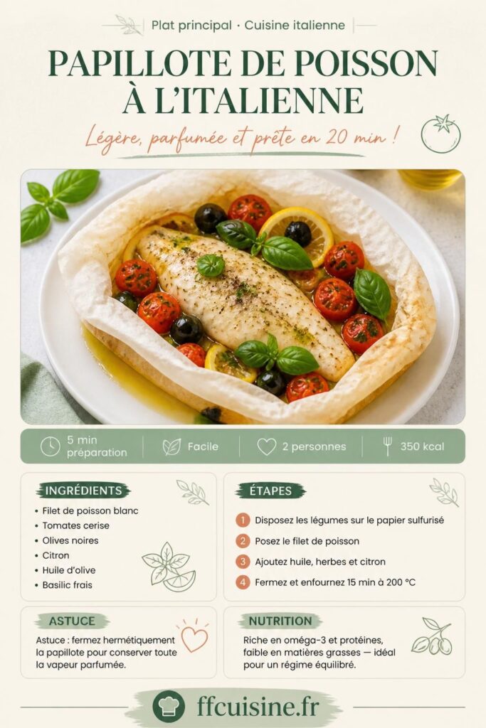 Papillote de poisson à l'italienne : tomates cerise, olives, citron et basilic, prête en 20 min