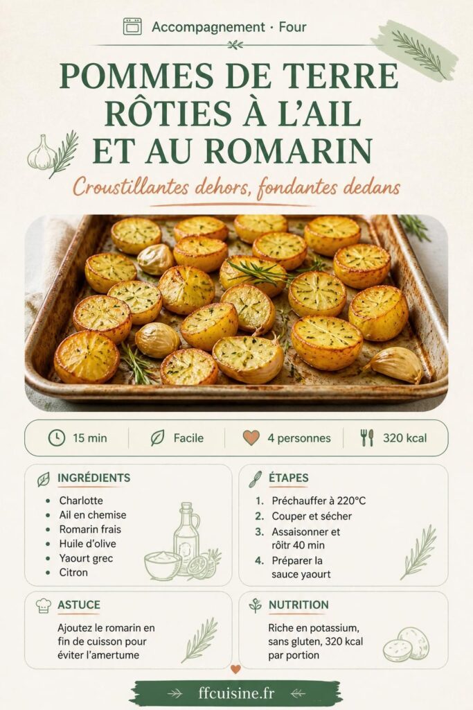 Pommes de terre rôties à l'ail et au romarin, dorées et croustillantes, avec une sauce yaourt citronnée
