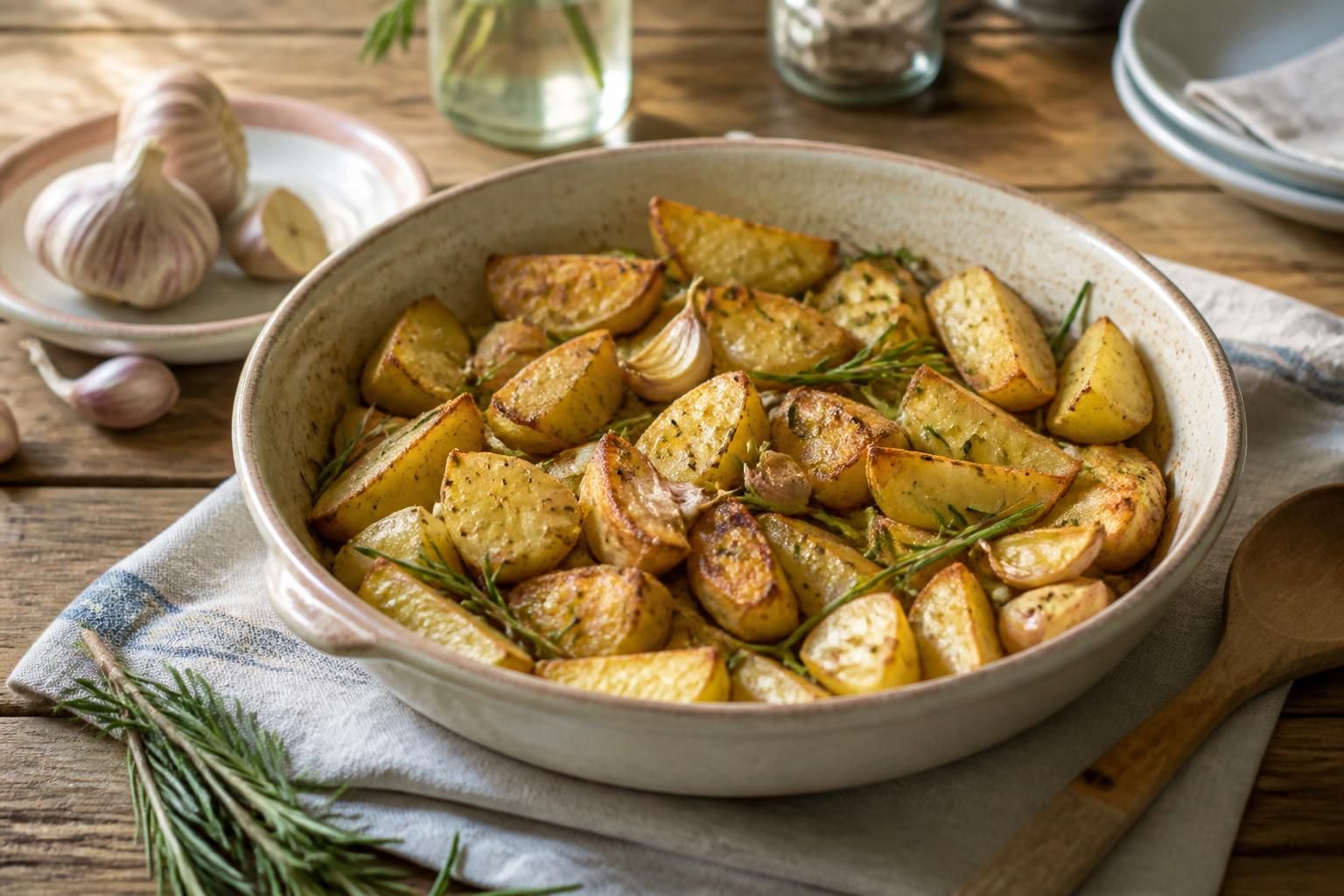 Pommes de terre rôties à l'ail et au romarin sur une plaque de cuisson, dorées et croustillantes, servies avec une sauce yaourt citronnée