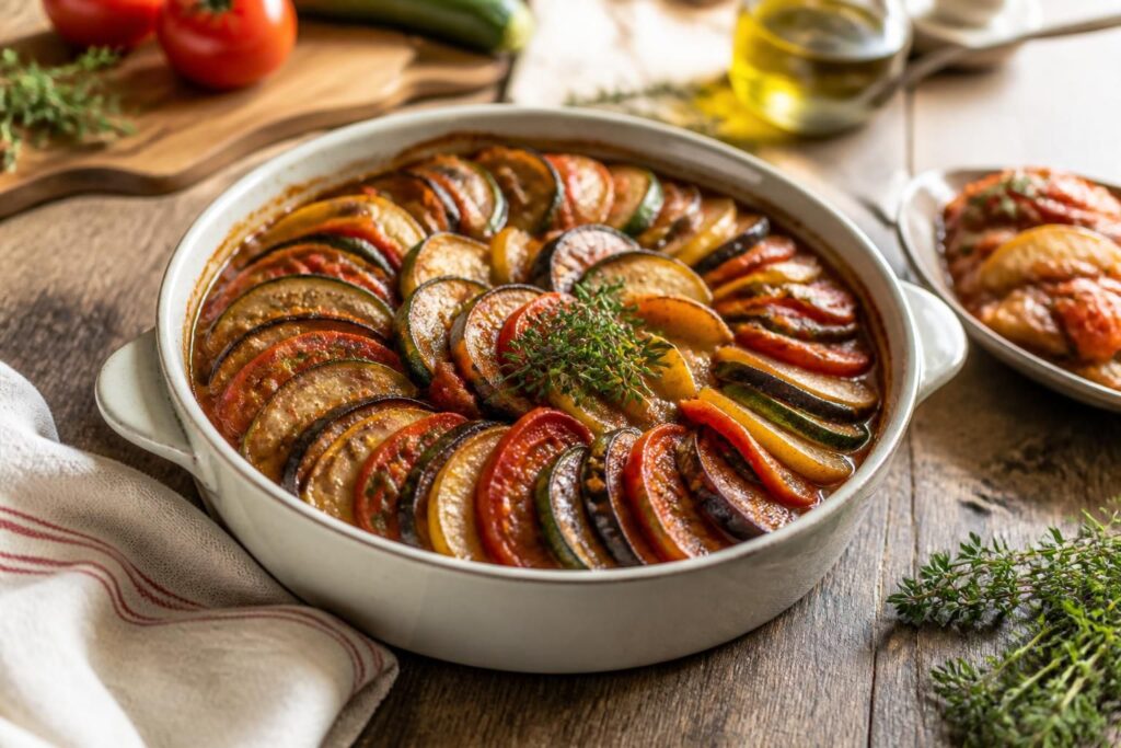 Ratatouille traditionnelle provençale mijotée dans une cocotte, avec aubergines, courgettes, poivrons et tomates, parsemée d'herbes de Provence
