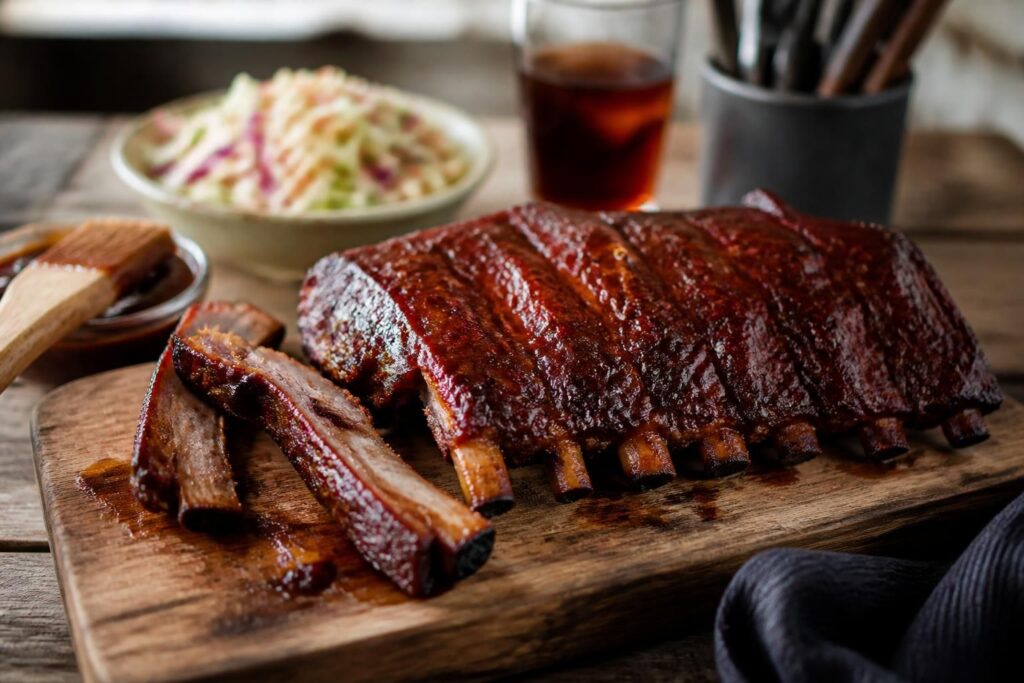 Ribs au barbecue caramélisés sur grille, nappés de sauce barbecue maison, avec des marques de cuisson bien dorées
