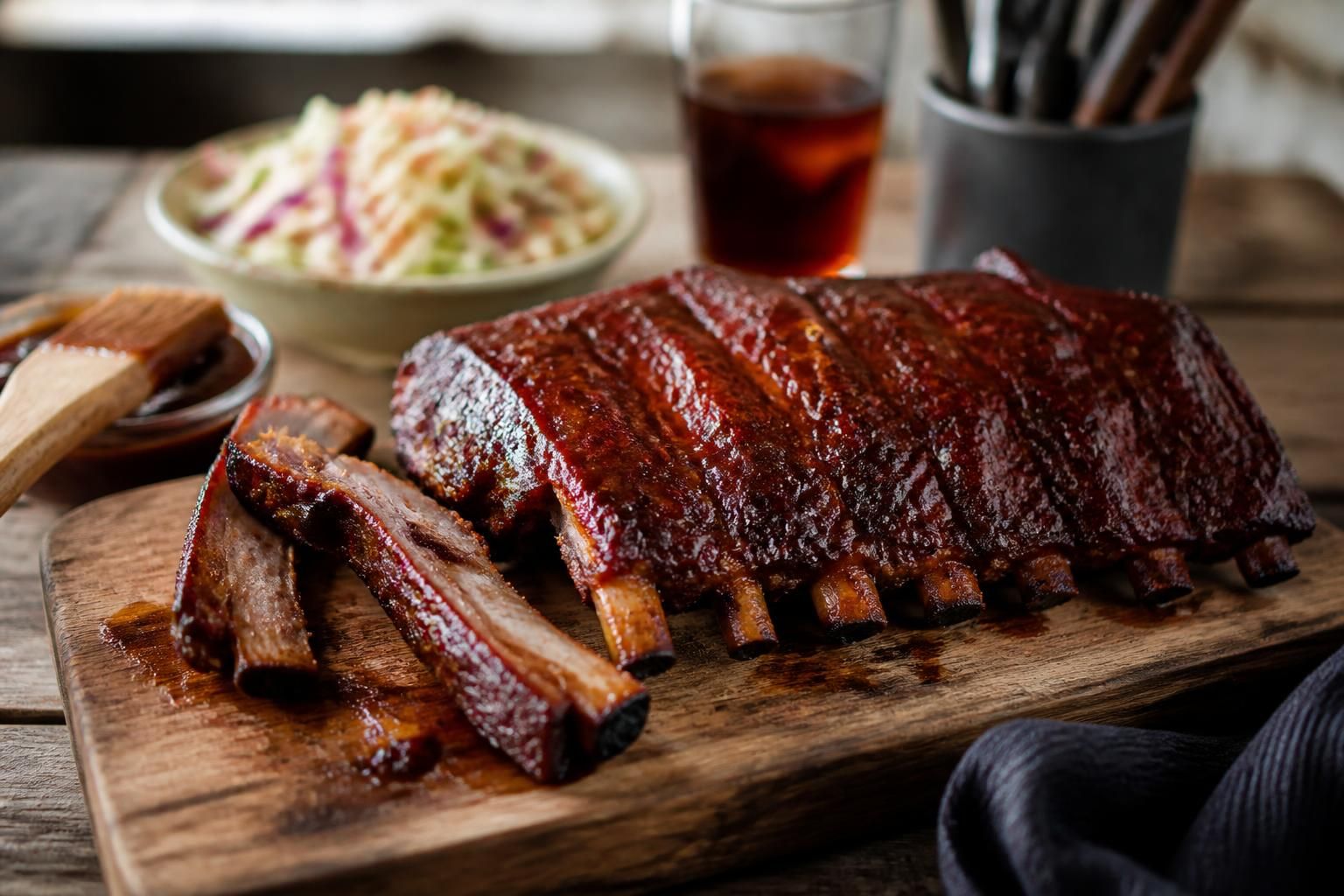 Ribs au barbecue caramélisés sur grille, nappés de sauce barbecue maison, avec des marques de cuisson bien dorées