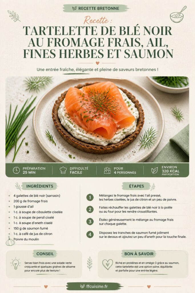 pinterest — recette : tartelette de blé noir au fromage frais, ail, fines herbes et saumon