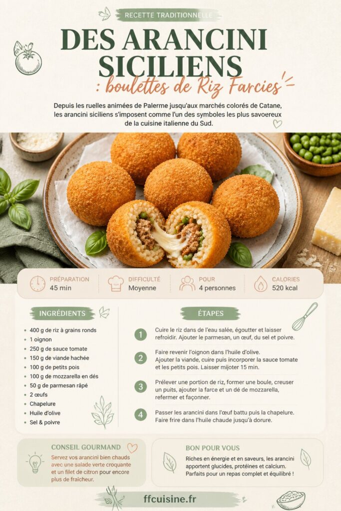 pinterest — recette traditionnelle des arancini siciliens : boulettes de riz farcies