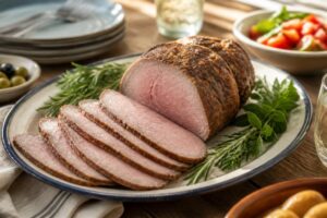 Rôti de bœuf froid tranché en fines tranches rosées, dressé sur une planche en bois avec une sauce ravigote maison et des herbes fraîches, pour un repas d'été en terrasse