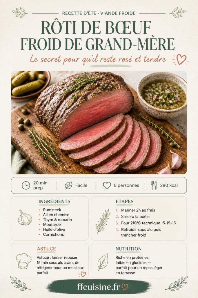 Rôti de bœuf froid tranché façon grand-mère avec sauce ravigote, pour un repas d'été en terrasse
