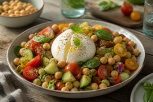 Salade d'été à la burrata et aux pois chiches avec tomates cerises, oignon rouge et basilic frais, dressée dans un grand plat blanc