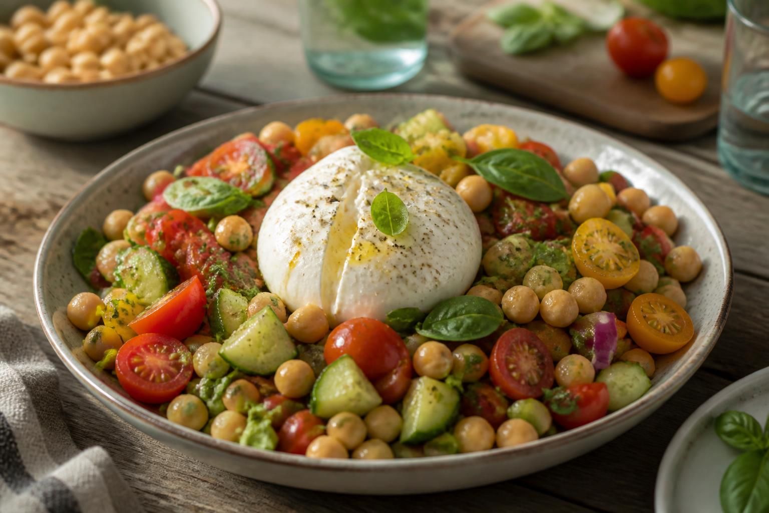 Salade d'été à la burrata et aux pois chiches avec tomates cerises, oignon rouge et basilic frais, dressée dans un grand plat blanc