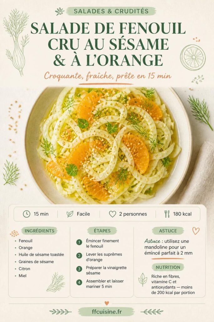 Épingle Pinterest : salade de fenouil cru au sésame et à l'orange, recette fraîche et croquante sur ffcuisine.fr