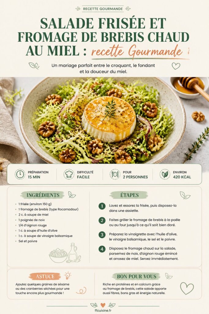 pinterest — salade frisée et fromage de brebis chaud au miel : recette gourmande
