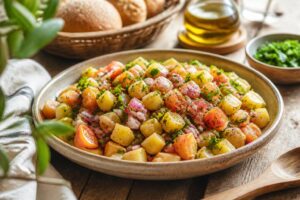 Salade marocaine traditionnelle (chlada) aux tomates, concombre, oignon rouge, herbes fraîches et cumin, servie dans un grand plat en terre cuite