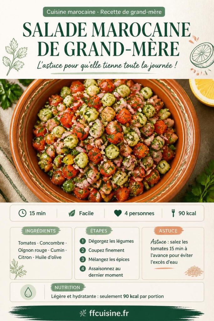 Salade marocaine chlada de grand-mère : tomates, concombre, cumin et herbes fraîches