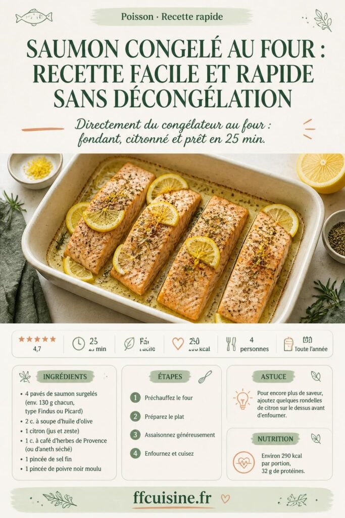Pavé de saumon congelé cuit au four sur papier cuisson avec citron et aneth — recette sans décongélation