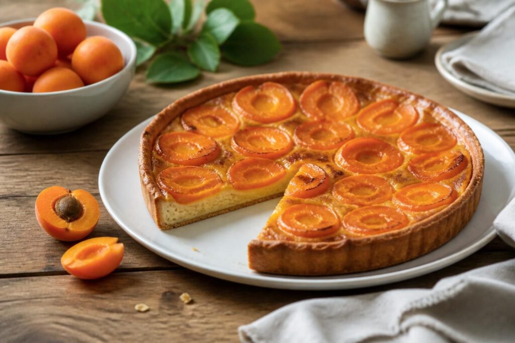 Tarte aux abricots sur frangipane maison, dorée au four, abricots caramélisés et amandes effilées dorées, fond de tarte croustillant, vue de dessus sur plan en bois clair
