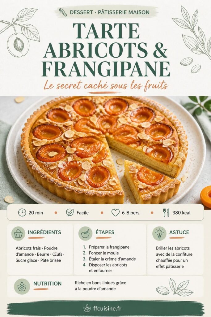 Tarte aux abricots sur frangipane maison, abricots caramélisés dorés, amandes effilées, fond croustillant