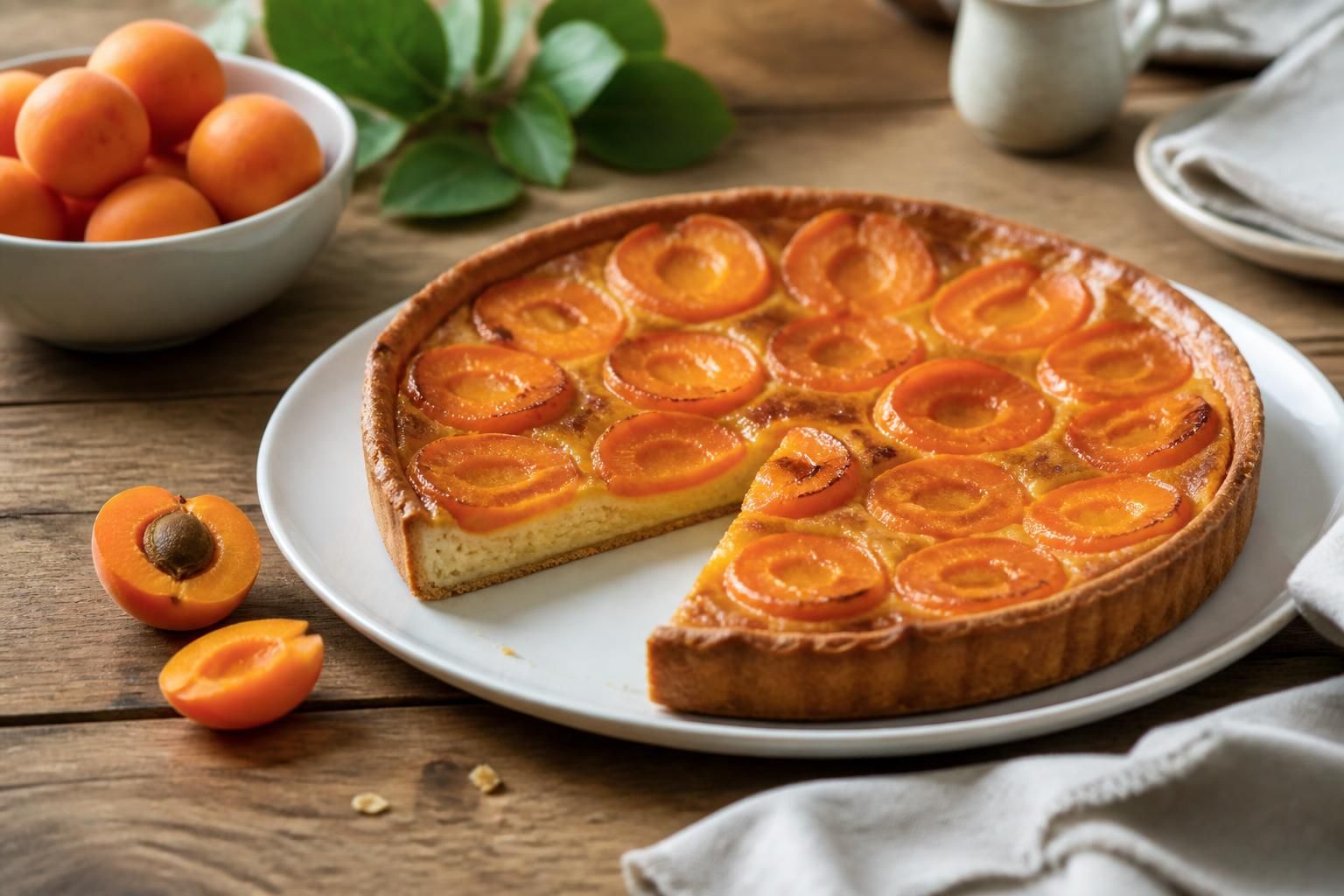 Tarte aux abricots sur frangipane maison, dorée au four, abricots caramélisés et amandes effilées dorées, fond de tarte croustillant, vue de dessus sur plan en bois clair