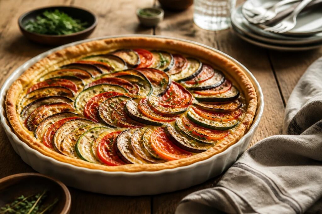Tarte aux légumes du soleil dorée et croustillante avec tomates, courgettes et aubergines disposées en rosace, fond au pesto de basilic visible à la découpe