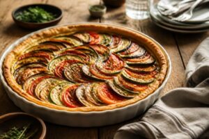 Tarte aux légumes du soleil dorée et croustillante avec tomates, courgettes et aubergines disposées en rosace, fond au pesto de basilic visible à la découpe