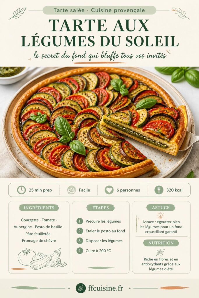 Tarte aux légumes du soleil avec fond au pesto, courgette tomate aubergine en rosace, fond doré et croustillant