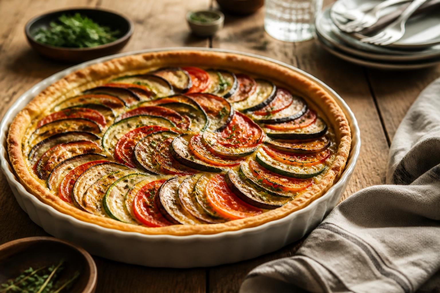 Tarte aux légumes du soleil dorée et croustillante avec tomates, courgettes et aubergines disposées en rosace, fond au pesto de basilic visible à la découpe