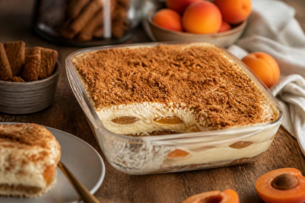 Tiramisu aux abricots et spéculoos servi en verrines individuelles, crème mascarpone onctueuse et coulis d'abricots dorés visibles en couches