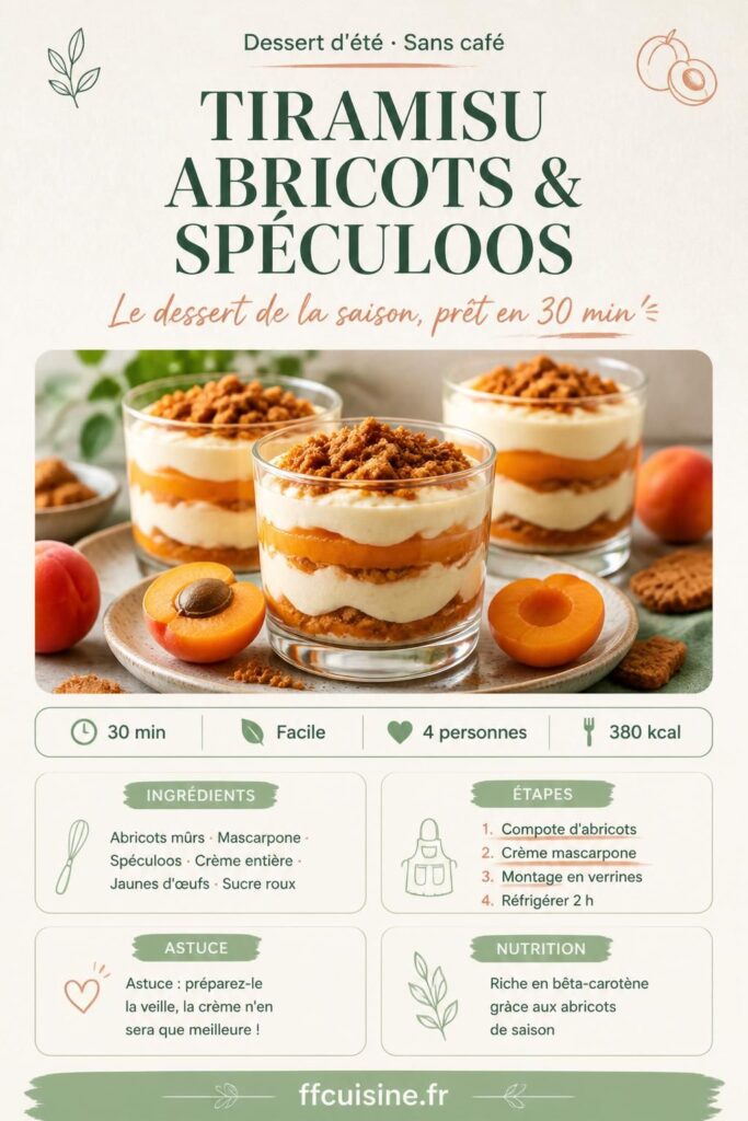 Tiramisu aux abricots et spéculoos en verrines : recette estivale sans café, crème mascarpone et coulis d'abricots