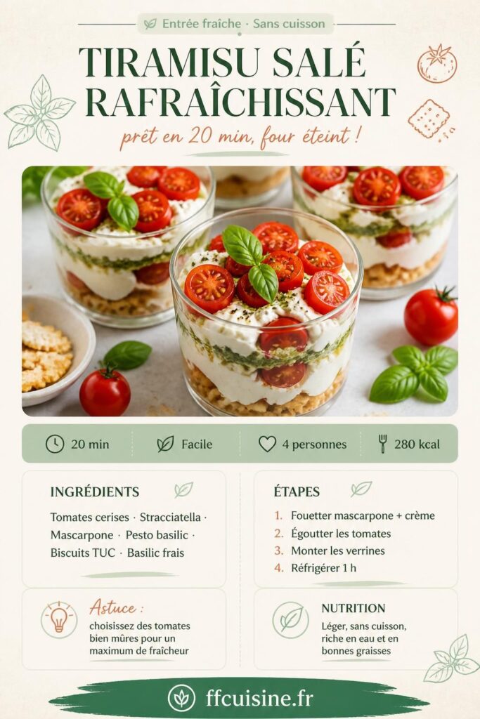 Tiramisu salé rafraîchissant en verrine avec tomates cerises et stracciatella, recette sans cuisson pour l'été