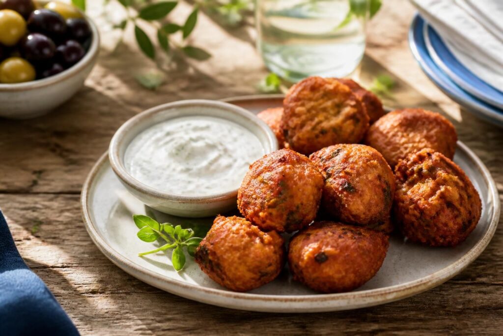 Tomatokeftedes dorés et croustillants servis sur une assiette blanche avec une sauce à la feta, herbes fraîches et tomates cerises, spécialité grecque de Santorin
