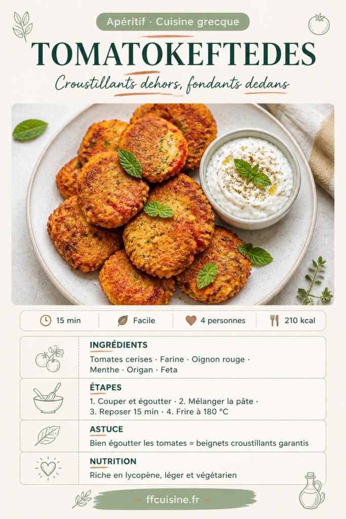 Tomatokeftedes : beignets de tomates croustillants de Santorin avec sauce feta, recette grecque estivale