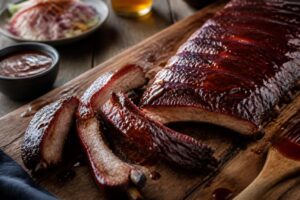 Travers de porc au barbecue dorés et caramélisés, badigeonnés de sauce barbecue maison, servis sur une planche en bois avec des herbes fraîches