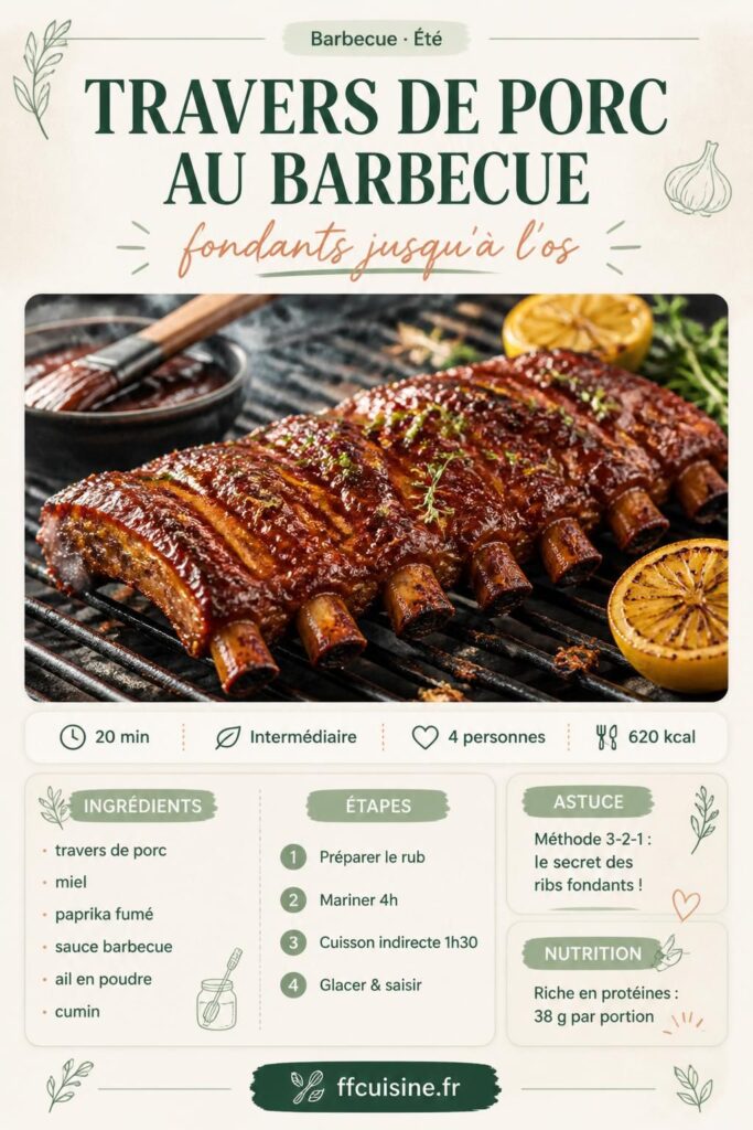 Travers de porc au barbecue caramélisés, badigeonnés de sauce miel et épices, servis fumants sur une planche en bois
