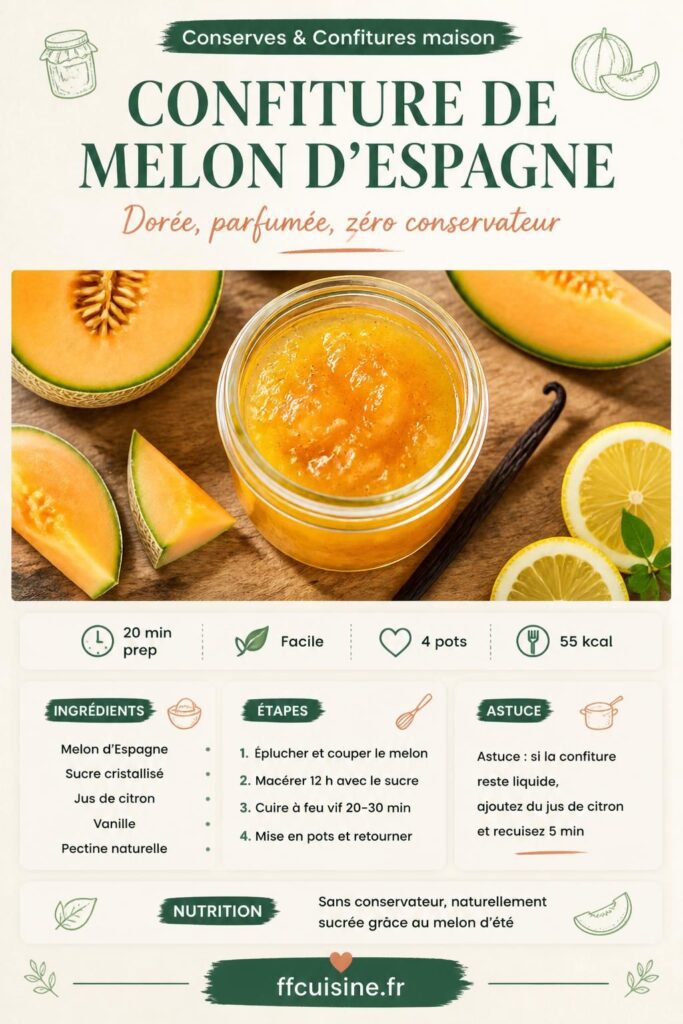 Confiture de melon d'Espagne maison en bocal, avec tranches de melon à chair orangée et pot ouvert sur planche en bois