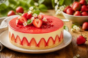 Fraisier à la crème diplomate vanillée, tranché pour révéler les fraises gariguettes et la crème légère, sur un fond en bois clair