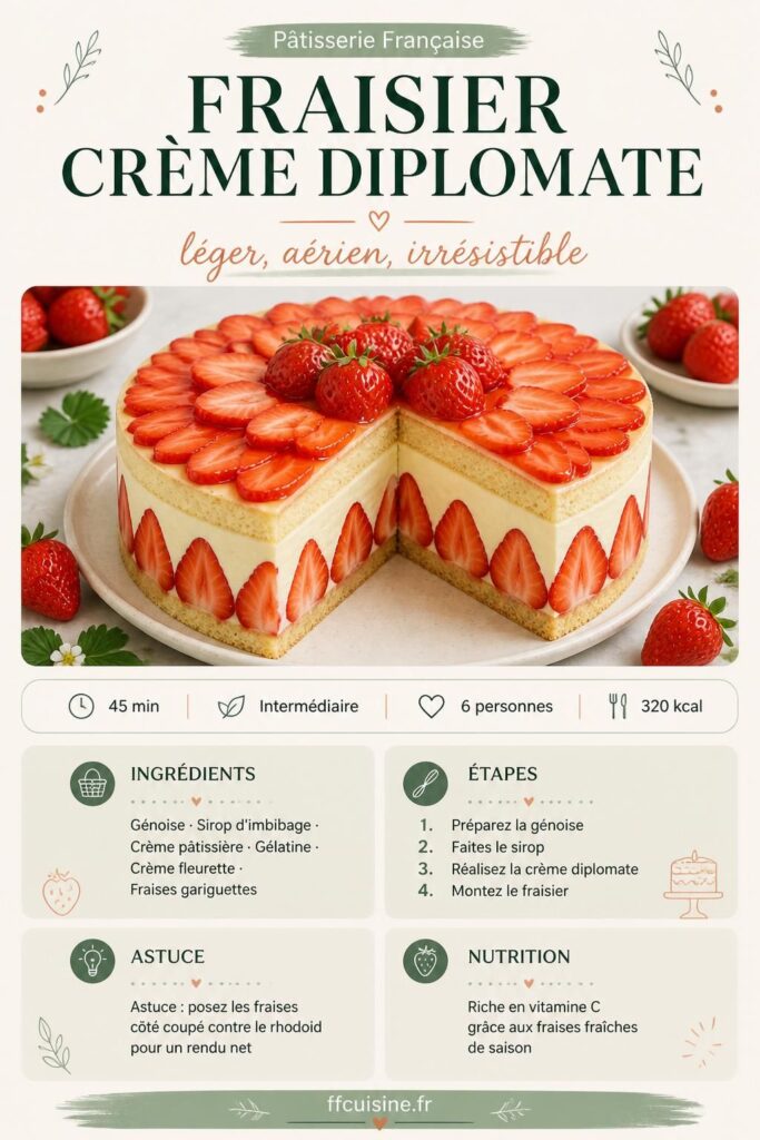 Fraisier à la crème diplomate vanillée avec fraises gariguettes sur fond beige — recette ffcuisine.fr