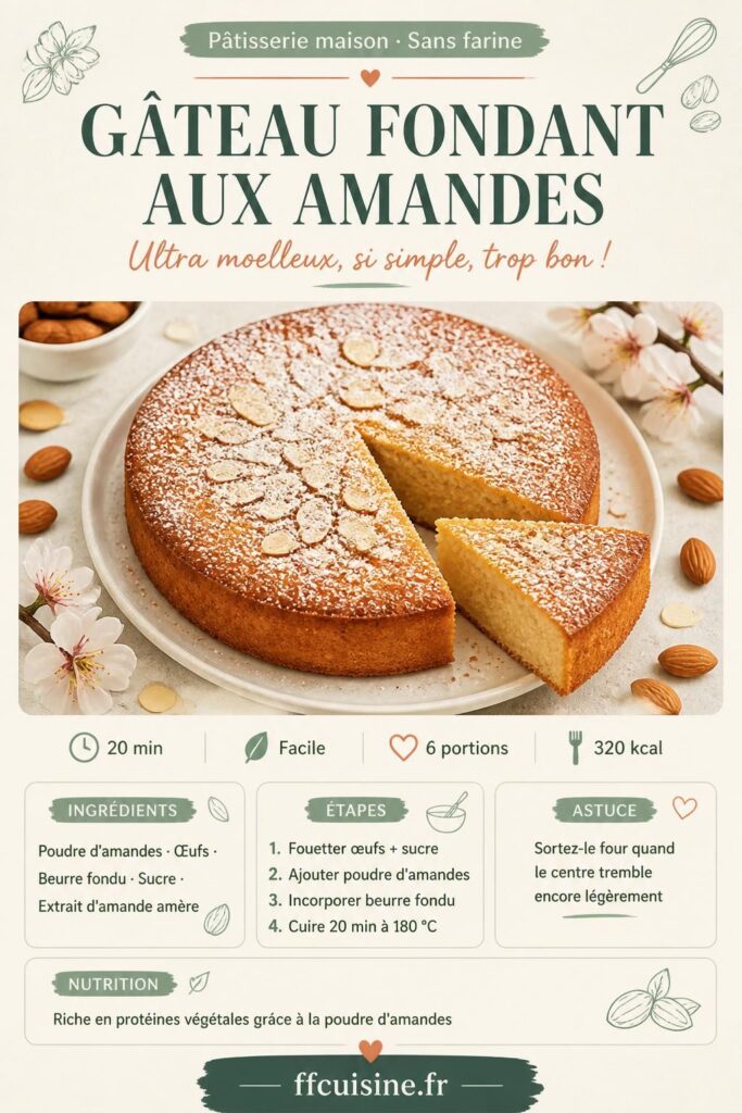 Gâteau fondant aux amandes sans farine, recette simple et inratable, sur fond beige avec sucre glace
