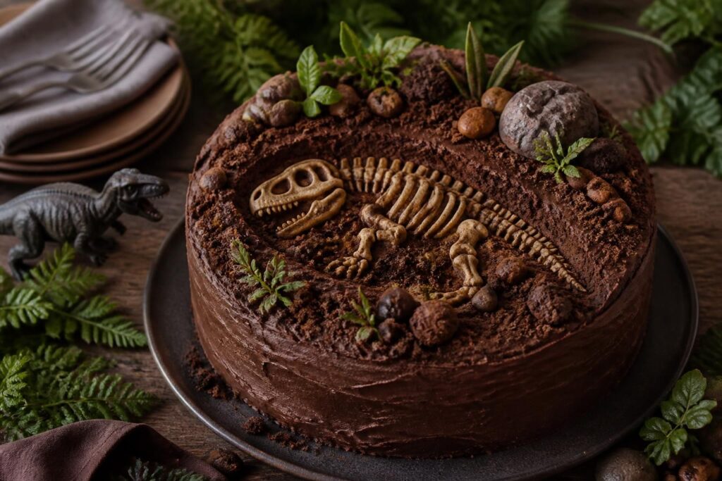Gâteau Jurassic World maison décoré de pâte à sucre verte, figurines dinosaures et décor jungle, sur une table d'anniversaire enfant