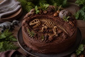 Gâteau Jurassic World maison décoré de pâte à sucre verte, figurines dinosaures et décor jungle, sur une table d'anniversaire enfant