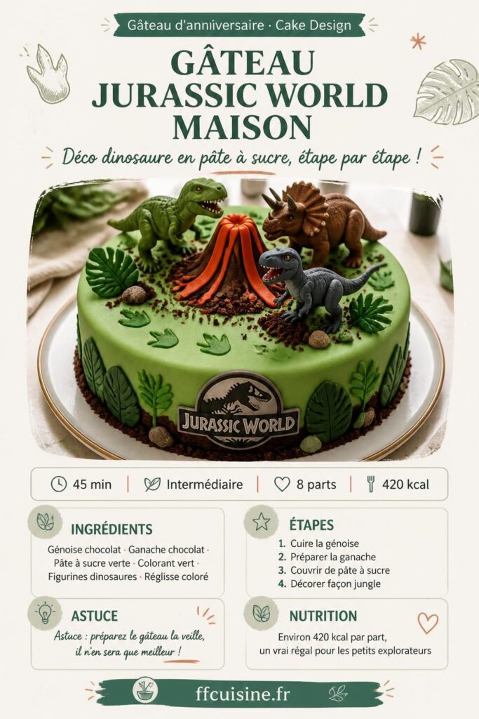 Gâteau Jurassic World maison décoré de pâte à sucre verte et figurines dinosaures, recette anniversaire enfant