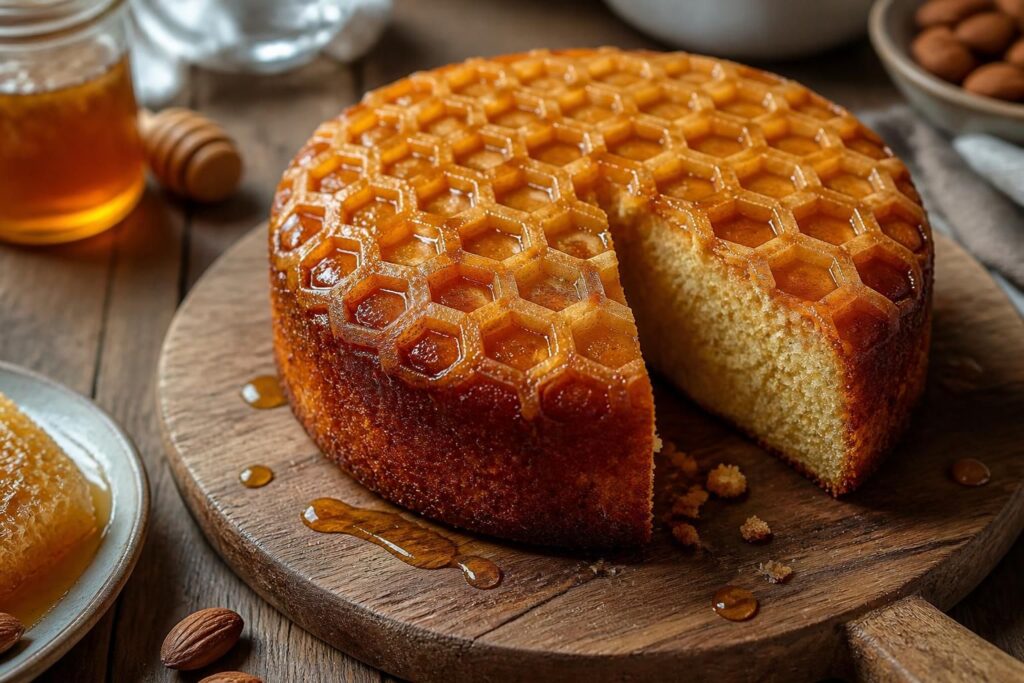 Gâteau nid d'abeille maison coupé en deux, garni de crème vanille, avec un topping doré aux amandes effilées caramélisées au miel