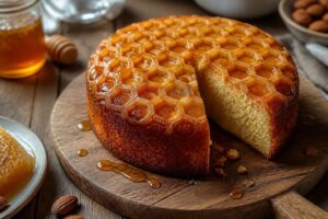 Gâteau nid d'abeille maison coupé en deux, garni de crème vanille, avec un topping doré aux amandes effilées caramélisées au miel
