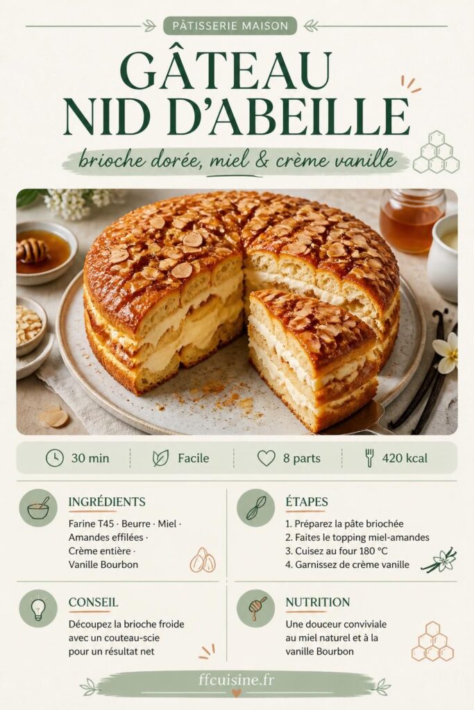 Gâteau nid d'abeille maison : brioche dorée aux amandes caramélisées et crème vanille — recette ffcuisine.fr