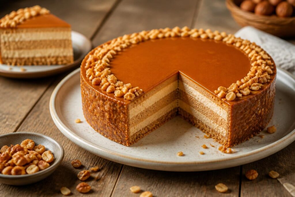Gâteau praliné croustillant en coupe, avec ses trois couches visibles : dacquoise, insert feuilletine dorée et mousse au chocolat, sur une assiette ardoise