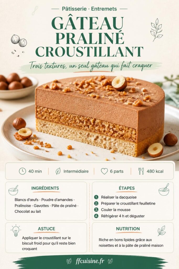 Gâteau praliné croustillant en coupe : dacquoise, feuilletine et mousse au chocolat, à épingler sur Pinterest