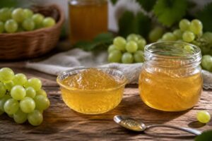 Pots de gelée de raisins blancs maison posés sur une table en bois, avec une grappe de raisins blancs frais à côté