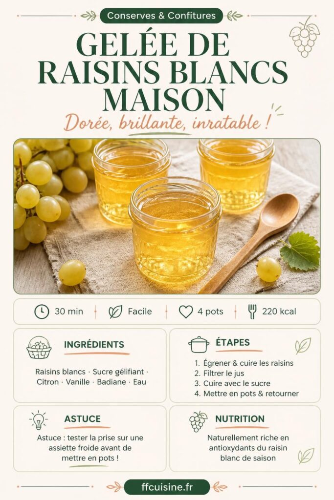Pots de gelée de raisins blancs maison sur fond bois avec raisins frais, recette ffcuisine.fr